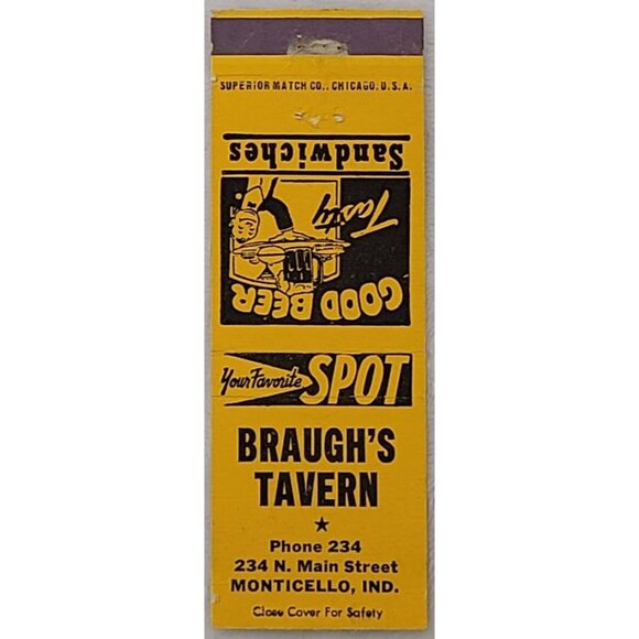 Vintage Matchbook Cover Braugh’s Tavern Monticello IN Indiana Gold Yellow - Picture 1 of 5
